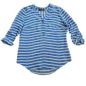 ANA A New Approach Blue White Striped Roll Tab Sleeve Sheer Henley Blouse Medium